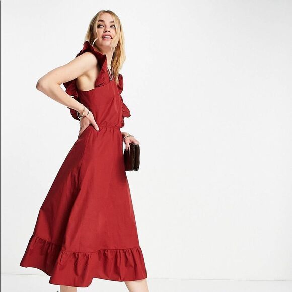 AWARE byVero Moda Rosewood Poplin cross front dress w/frill detail burgundyM NWT - Picture 1 of 6